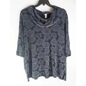 Catherines Womens Blouse Gray 3/4 Sleeve Cowl Neck Floral Glitter Pullover 2X